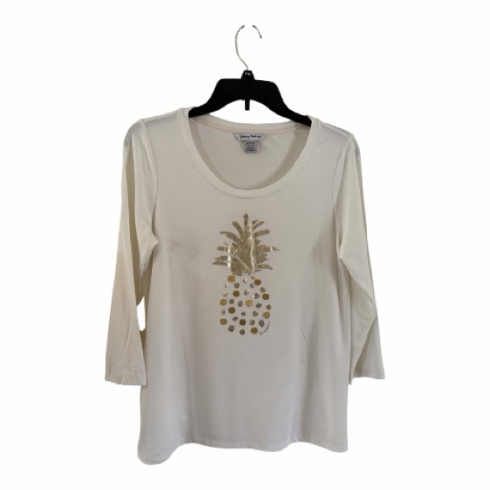 Tommy Bahama White Long Sleeve Tee with Gold Pineapple sequin Graphic design - Picture 2 of 13